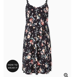BLACK FLORAL CHALLIS SELF TIE MIDI DRESS